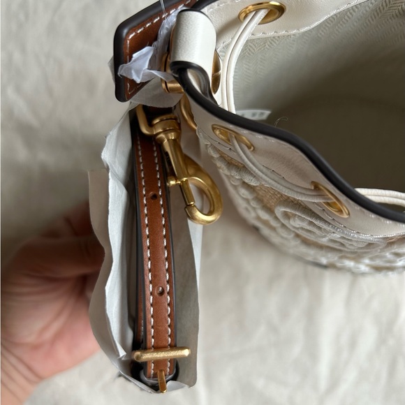 Tory Burch T Monogram Embroidered Raffia Mini Bucket Bag New Ivory - Picture 9 of 10